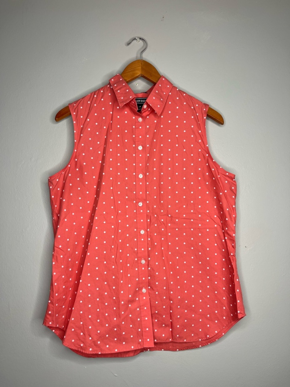 Lands' End Coral Pink Polka Dot Sleeveless Button Up Shirt Collared Blouse B